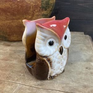 Glazed Ceramic Owl Napkin/Mail Holder Double-Sided Autumn Colors Mint Condition